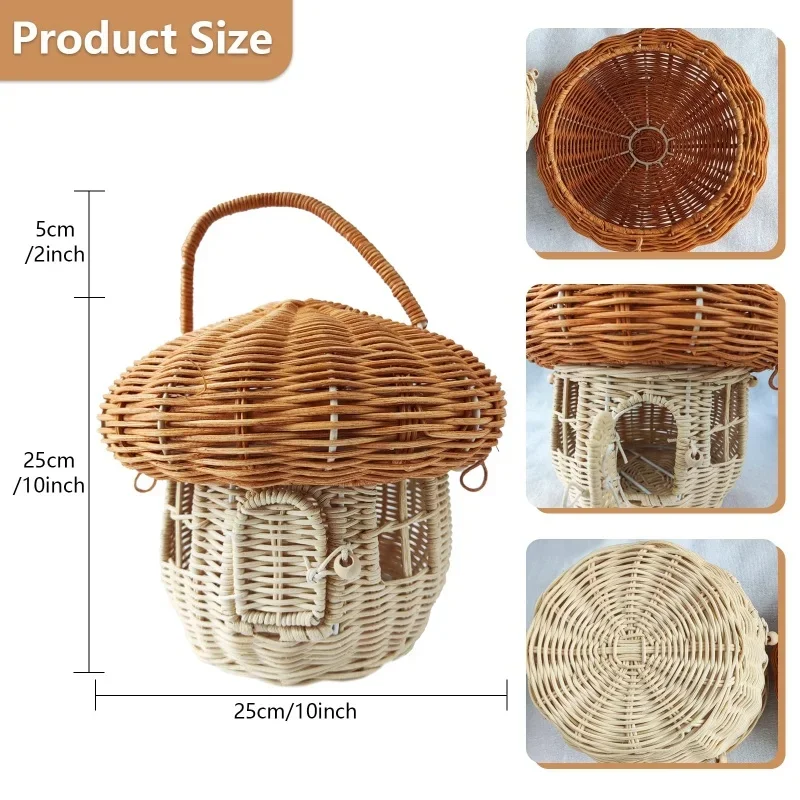 Rattan Mushroom Storage Basket Cute Cartoon Handwoven Nut Wicker Handbag Outdoor Picnic Women Tote Straw Bag Children Organizer