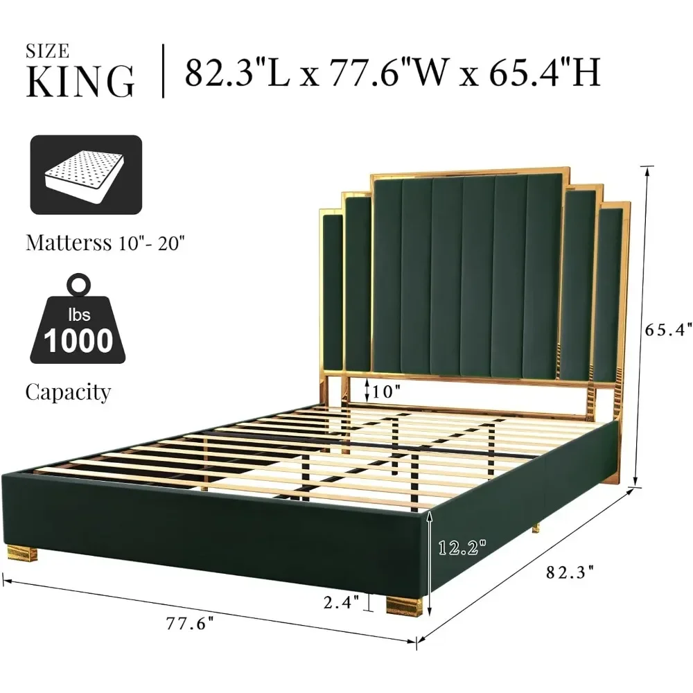 Camas estofadas de veludo com Gold Trim Headboard, cama queen size Frame, 61,4 polegadas, sem Box Spring necessário