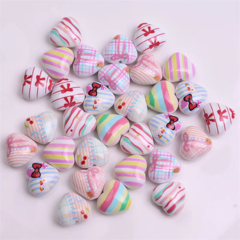 

New arrived 100pcs/lot color pattern print cartoon hearts shape resin straight hole beads diy jewelry garment accessory