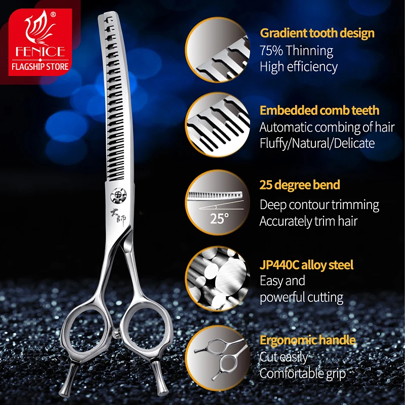 Fenice Professional Left-Handed 7Inch JP440C Dog Curved Scissors Natural Thinning Chunker Pet Grooming Scissor 75% Thinner Rate
