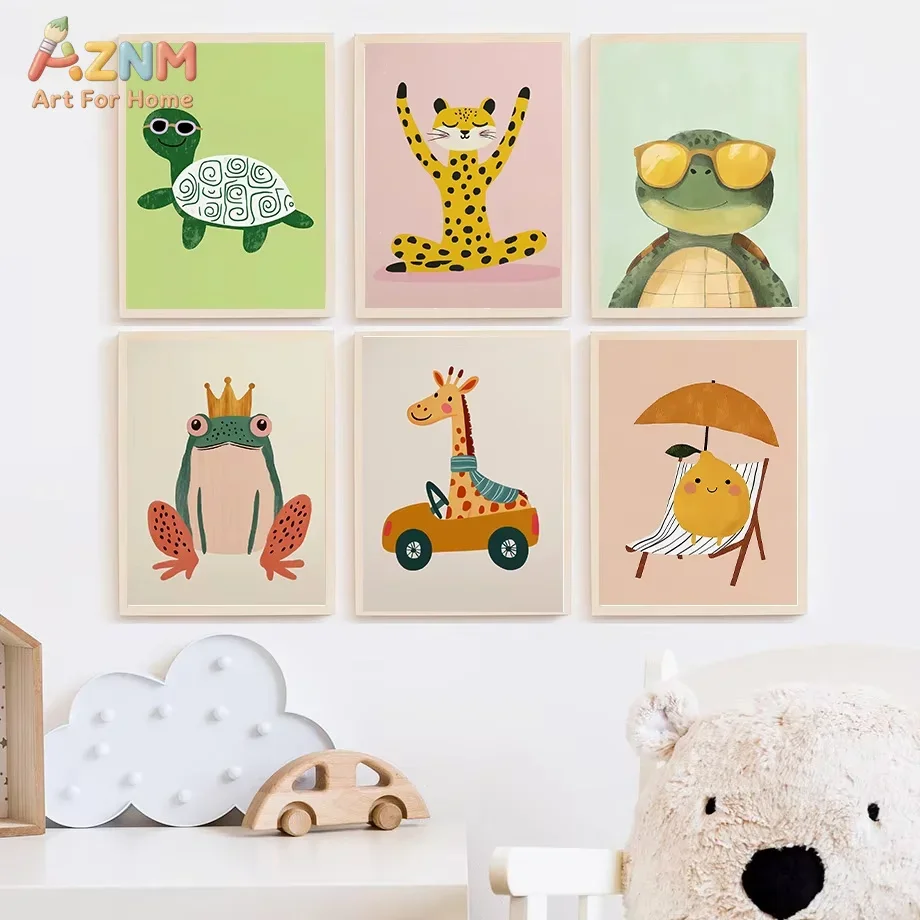 AZNM Frameless Canvas Poster Cute Cartoon Animal Print, Turtle Leopard Frog Giraffe Lemon Watercolor Illustration Wall Picture f