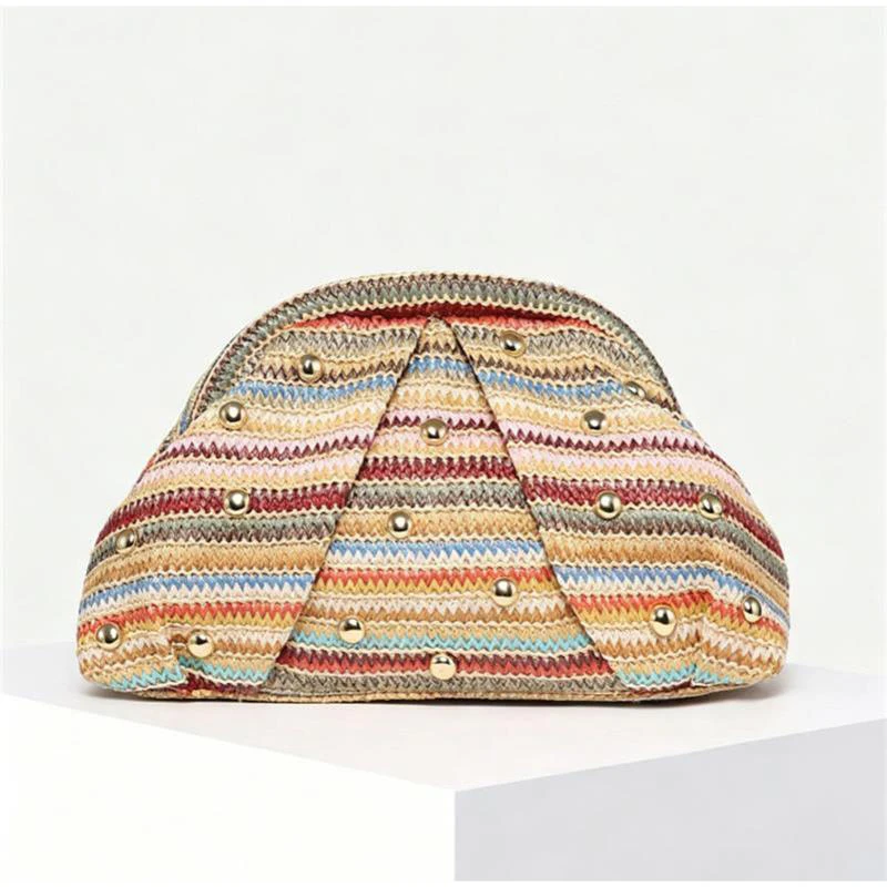 Vintage Häkel-Clutch, Retro-Handtasche für Damen, Sommer Boho Nieten-Dekor, gerüschte Handtasche mit wolkenförmigem Verschluss – Detail 1