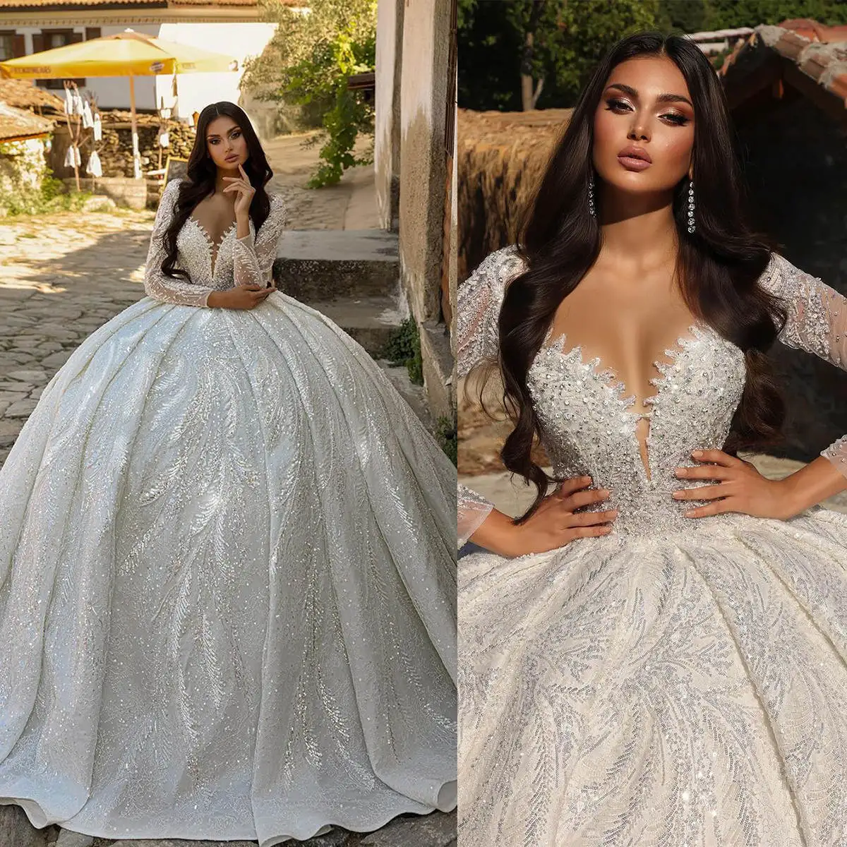 

Princess Ball Gowns Beaded Sequins Crystal V Neck Long Sleeve Wedding Dress Sweep Train Lace Tulle Bridal Dresses Custom Made