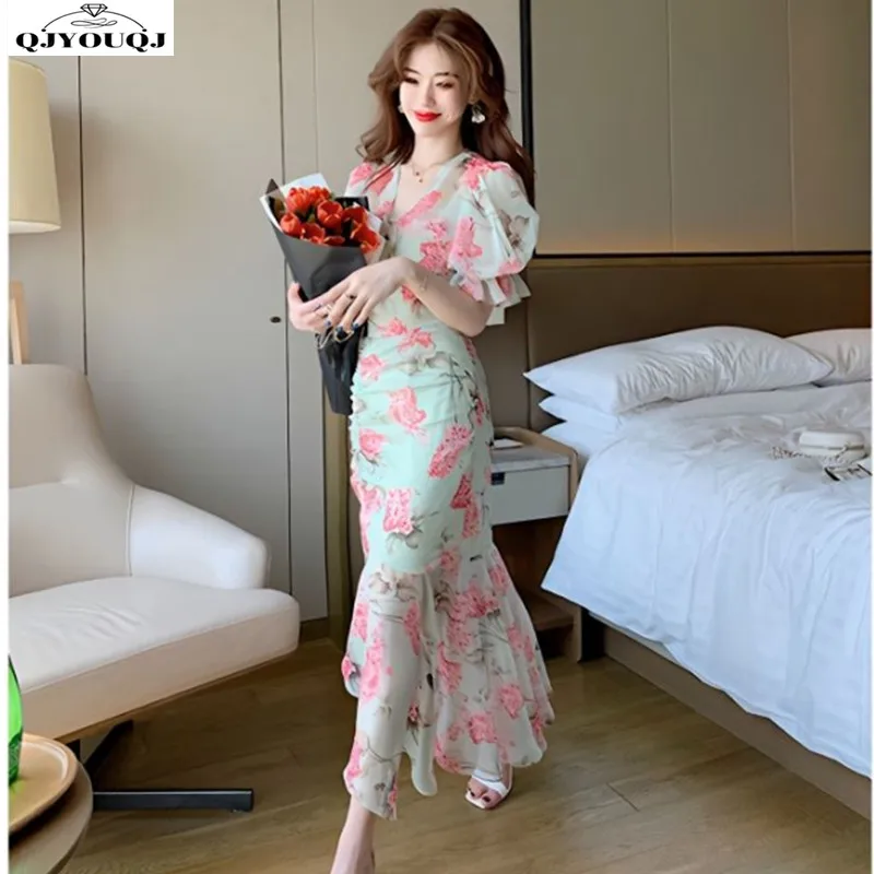 2024 Spring/Summer Korean Edition New Fashion and Elegance High end Irregular Chiffon Printed High end Dress