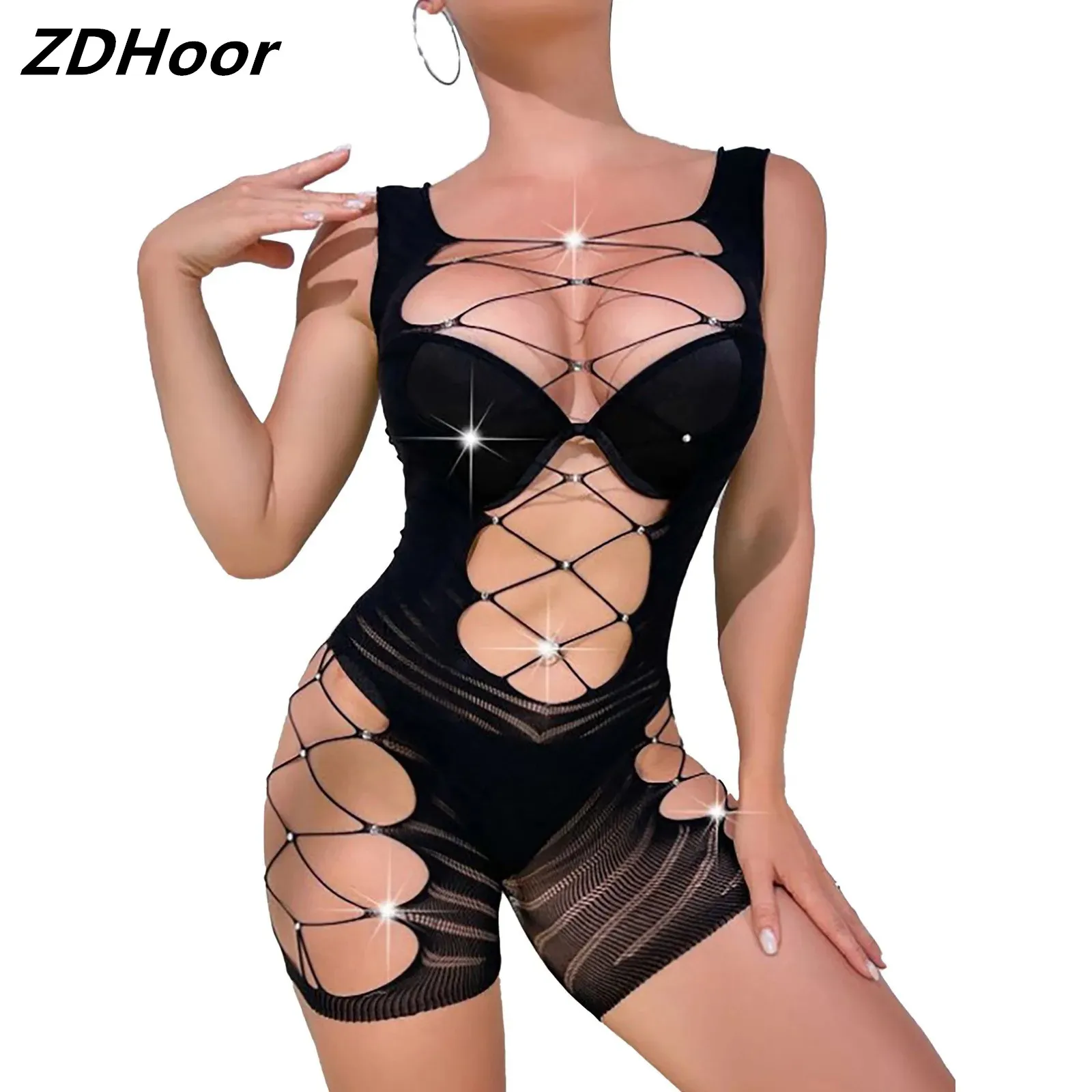 

Womens Lingerie See-through Bodysuit Sleeveless Hollow Out Sparkly Rhinestones Adorned Nightwear Pool Party Cover-ups Beachwear