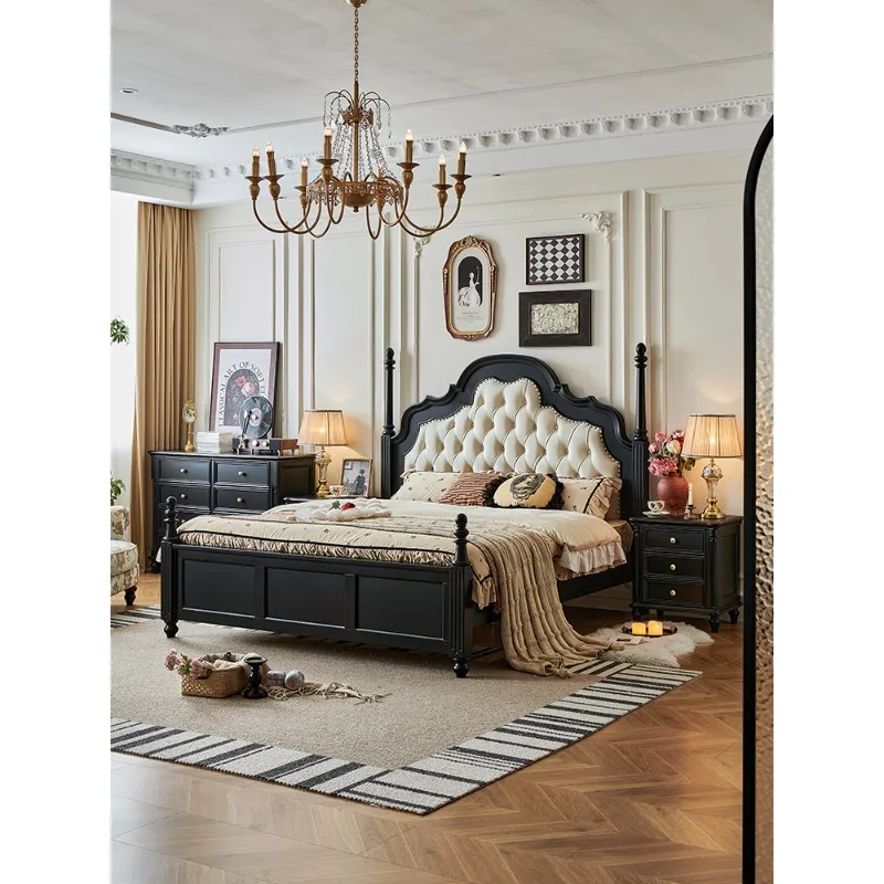 French medium and ancient wind bed black sense retro American solid wood soft rest 1.8 meters double bed furniture