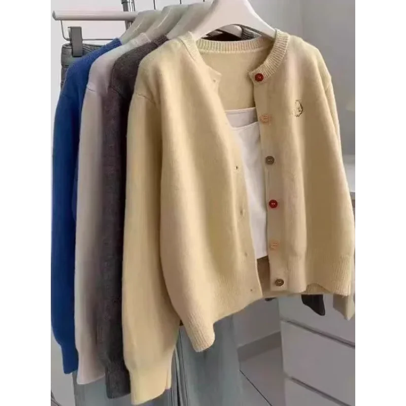 Gentle Retro Puppy Embroidered Colorful Button Round Neck Knitted Cardigan Women's Autumn Sweater Jacket