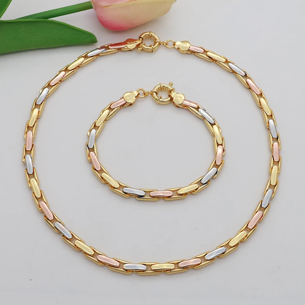 

Women Elegant Jewelry Set Tricolor Gold Plated Chain Necklace Bracelet Fashion Stud Earrings Full Set Party Wedding Bijoux