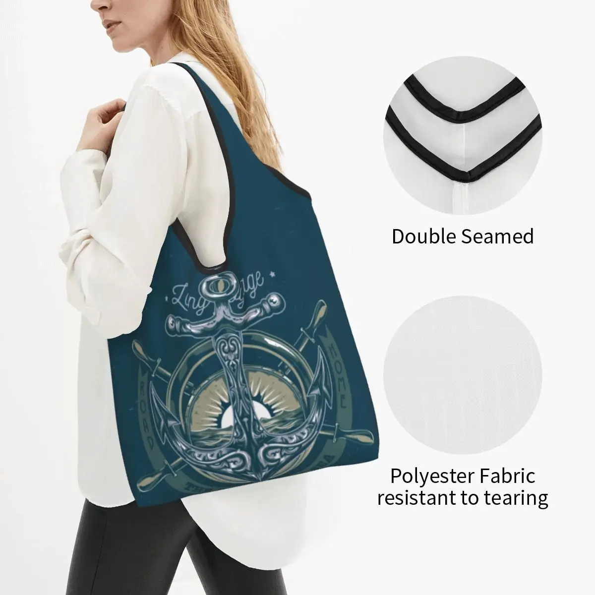 Recycling Retro Vintage Nautical Anchor Shopping Bag Women Tote Bag Portable Sailor Grocery Shopper Bags