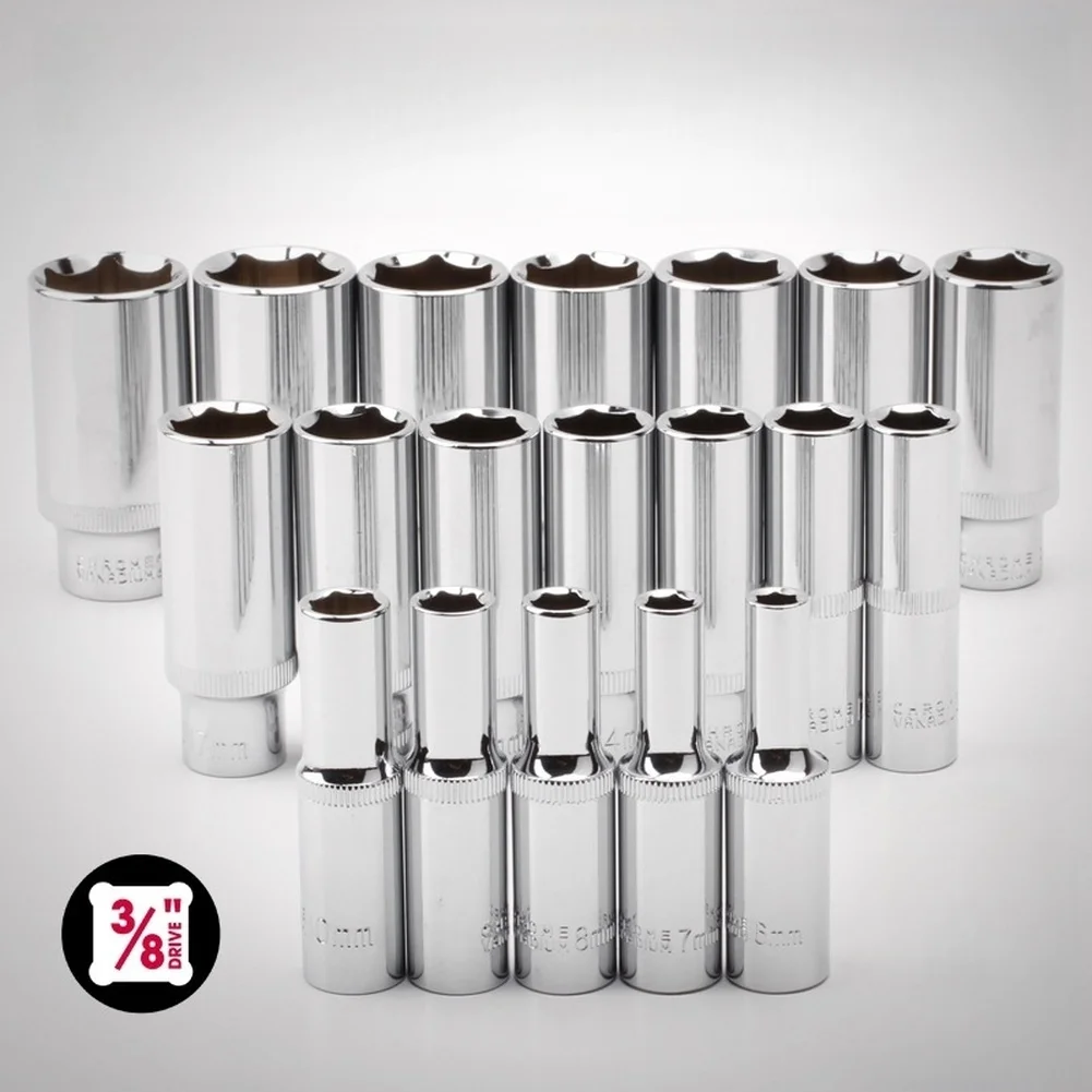 

3/8 Inch Drive Chrome Vanadium Steel Extended Hex Sockets 6mm Through 24mm for Automotive Maintenance and Repair