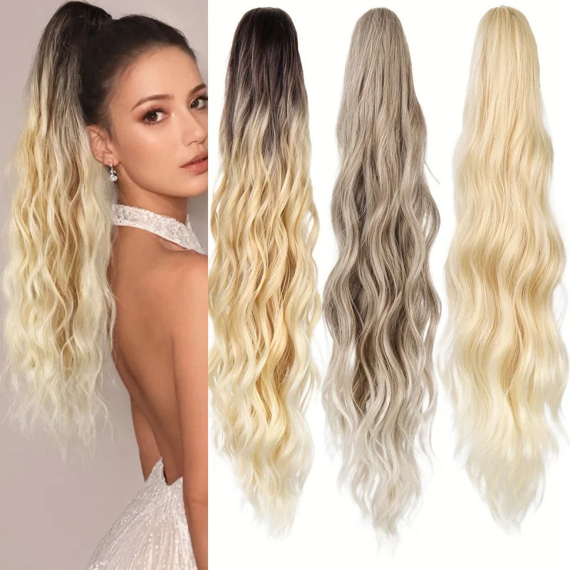 

European and American Style Long Black Straight Water Wave Curly Ponytail Natural Realistic Long Hair Claw Clip Wig