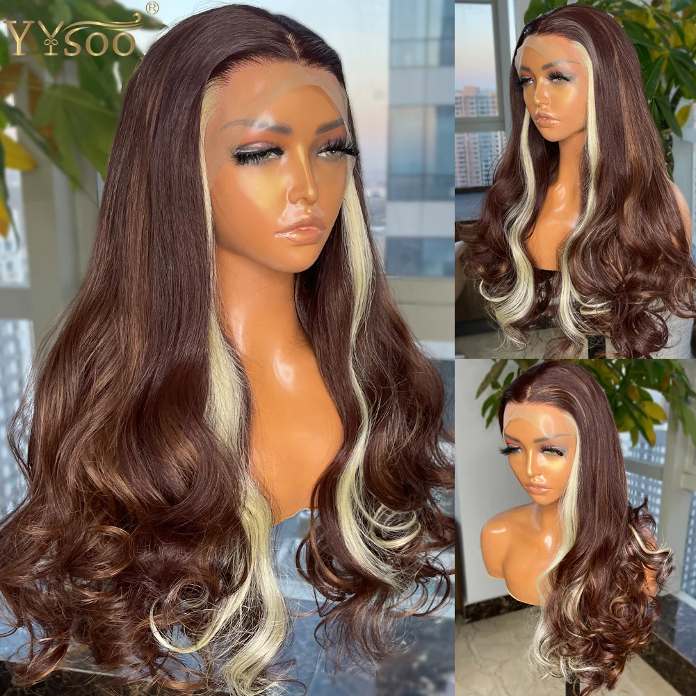 

YYsoo Long Body Wave Highlights 13x4 Futura Synthetic Lace Front Wigs For Black Women Pre Plucked Hairline Half Hand Tied Wig