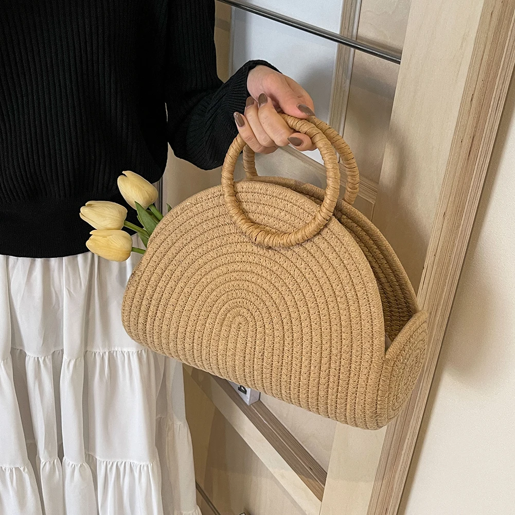 Casual Straw Braid Hobos Handbag Solid Large Capacity Handwoven Clutch Purse Shoulder Bag Summer Women Half-moon Beach Tote Bags