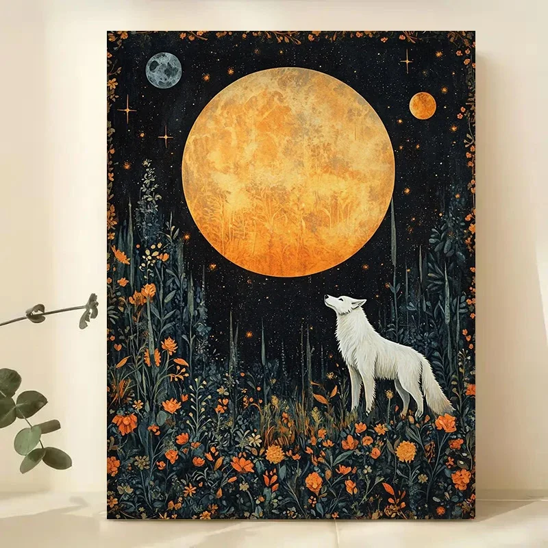 Multiple sizes 1pc frameless Canvas Painting,White Wolf Full Moon Floral Wildflower Poster and Prints Canvas Painting Wall Art P