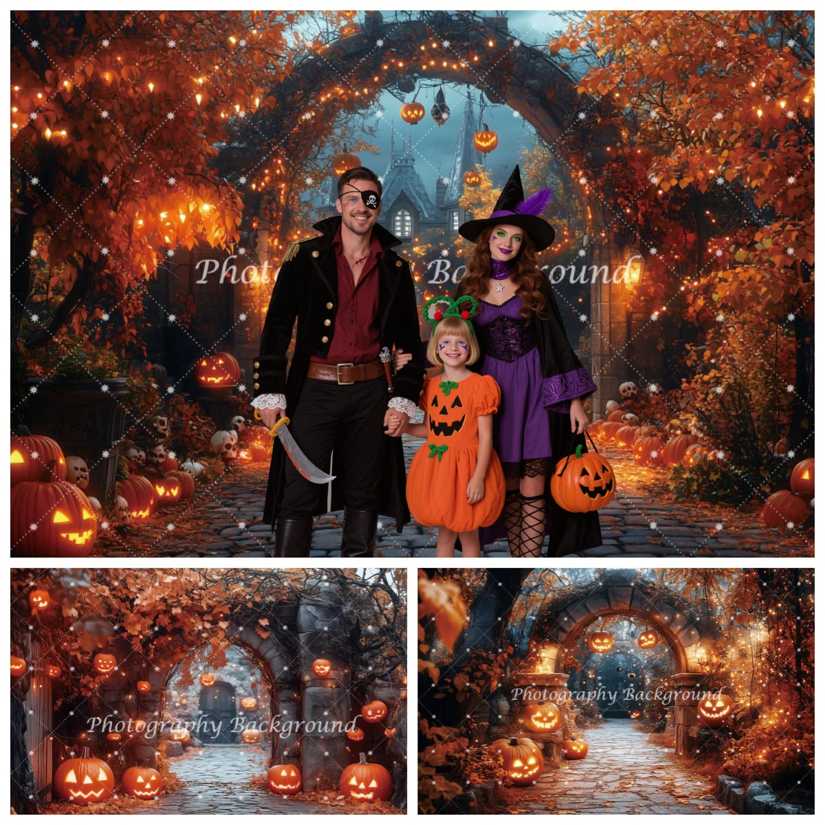 Fondo de entrada de Castillo embrujado, arco gótico, camino de bosque otoñal, calabaza espeluznante, decoración para fiesta de Halloween, fondo de fotografía