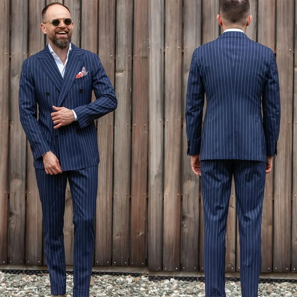 

Fashion Navy Blue Men Suits 2 Pieces Blazer Pants Tailored Double Breasted Fashion Formal Business Groom Causal Tailored