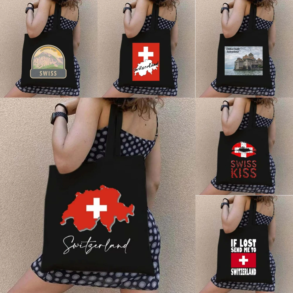 

black Swiss Girl Zurich Skyline Chillon Castle Lucerne Canvas Tote Bag Eco Friendly Reusable Shopper for Travel Work School Yoga