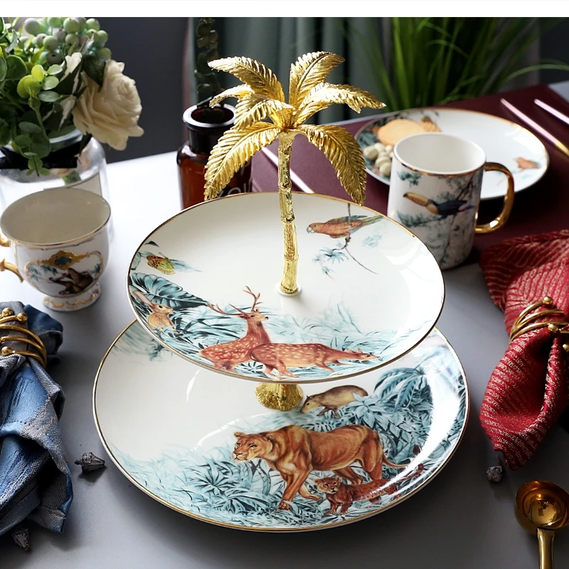 Light luxury jungle animal double ceramic fruit plate living room cake stand household candy dried dessert tray