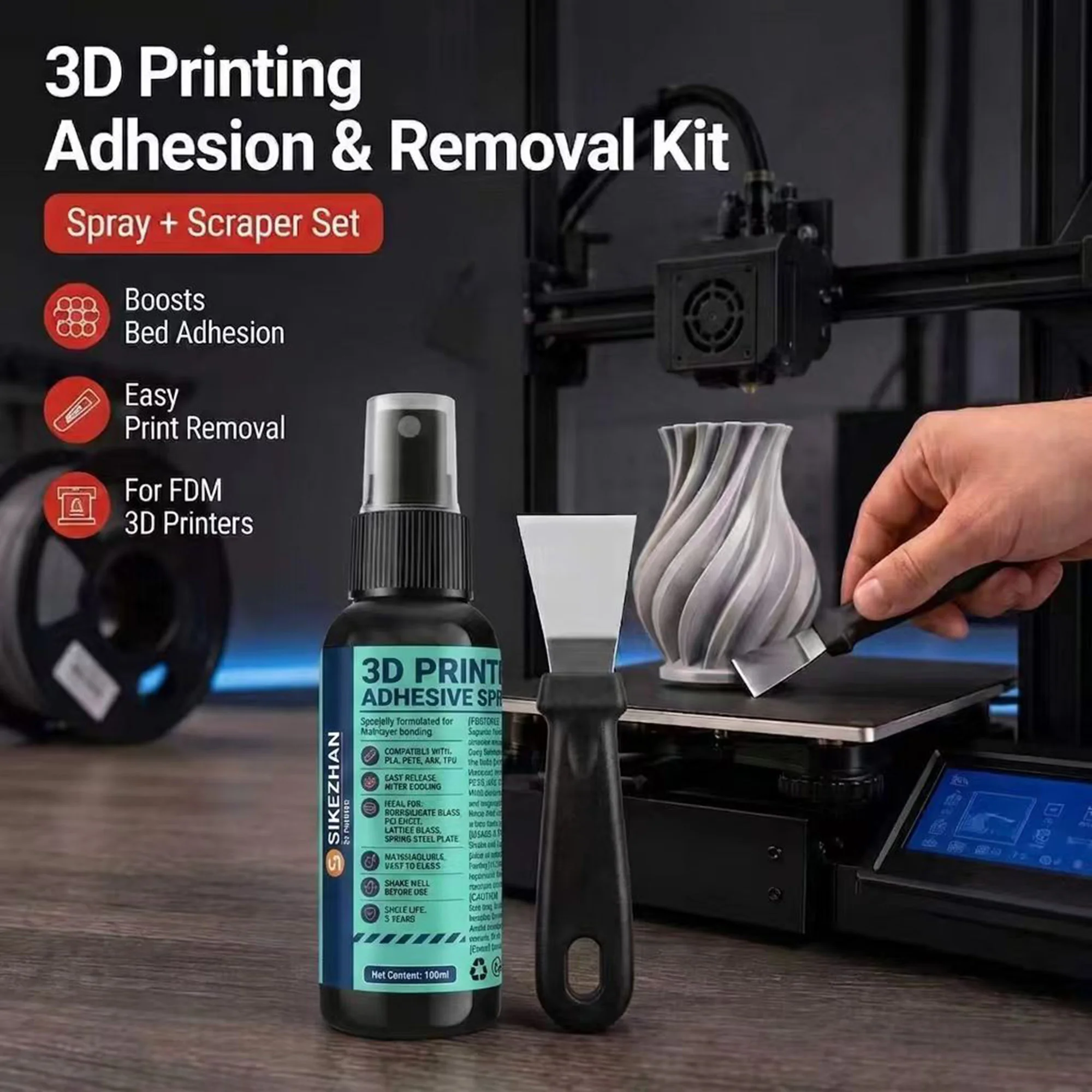 3D Printer Adhesive Spray with Scraper for FDM Build Plate, Strong Hold First Layer Bed Glue for Hot Bed DIY Projects, 100ml
