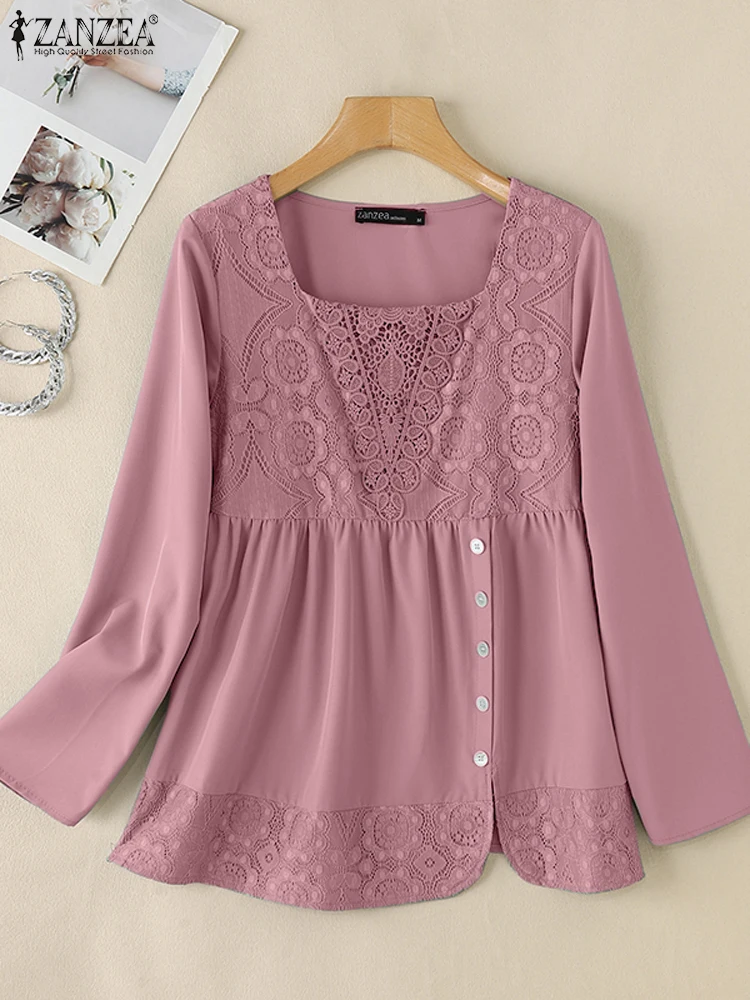 ZANZEA Fashion Women Lace Patchwork Shirts Streetwear Tops Tee Casual Long Sleeve Blouses Autumn Button Blusas Tunic Oversized