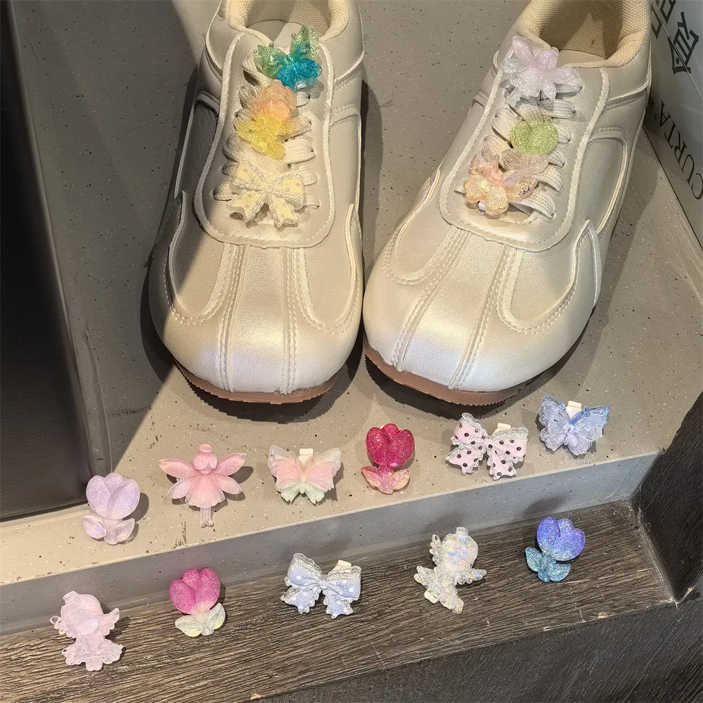 Shoe Charms Princess Fairy Tulip Flower Gradient Butterfly Glitter Acrylic Mini Lightweight for Kids Ballet Sneaker Daily