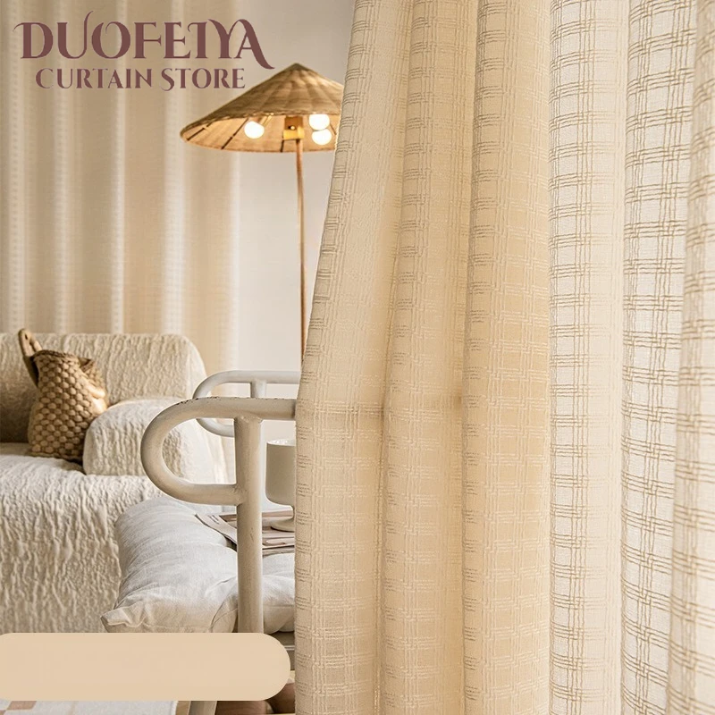 Japanese Simple Sunscreen Milk Tea Checkered Cotton Linen Tulle Curtains for Living Dining Room Bedroom Custom Size Decor Drapes