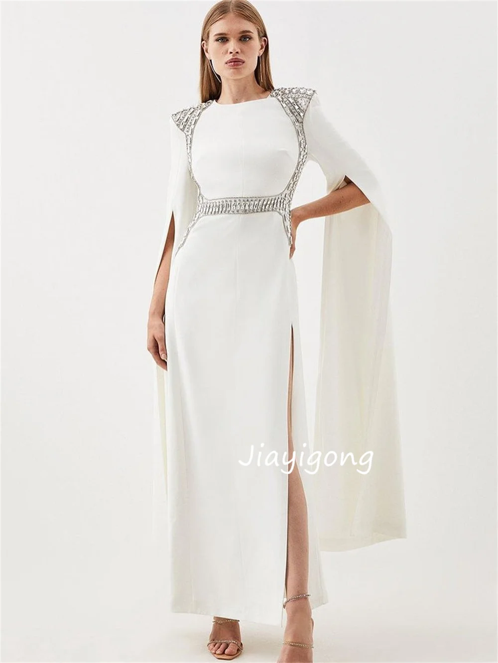 Customized Fashion Jersey Pleat Sequined Straight O-Neck Midi Dresses Bespoke Occasion Quinceanera High Quality