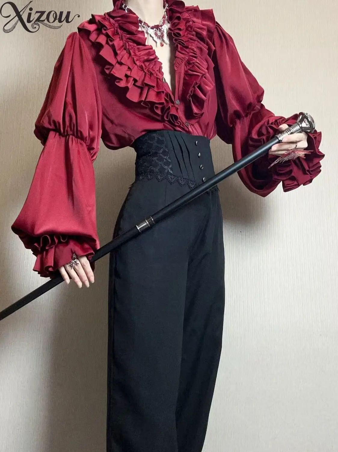Gothic Lolita Women Fish Scale Pattern Waist Flap Dark Punk Y2K High Waist Black Summer Short Long Pants Slim Fit Figure Prince