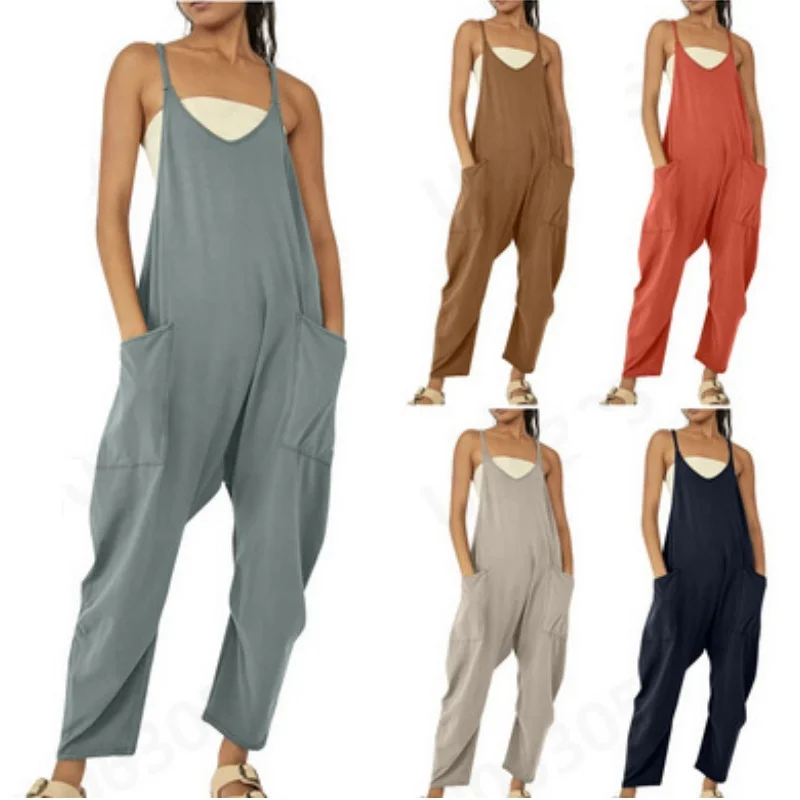 Dames Mouwloze Jumpsuits Casual Losse Spaghettibandje Wijde Pijpen Broek Overall Effen Zak V-Hals Harem Romperbroek