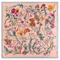 130*130cm 100% Twill Silk Square Scarf Luxury Women Floral Print Beach Shawl Bandana Wraps Femme Fourlard Echarpes Stoles