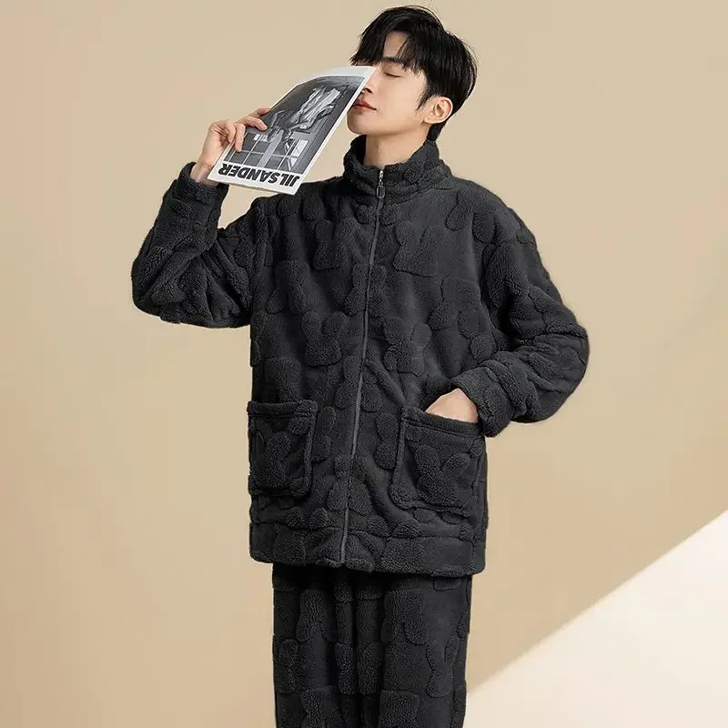 Warm Flannel A Loungewear Set Can Be Worn Outside Men's Pajamas Coral Fleece Autumn and Winter Zipper Thickened Long Sleeves