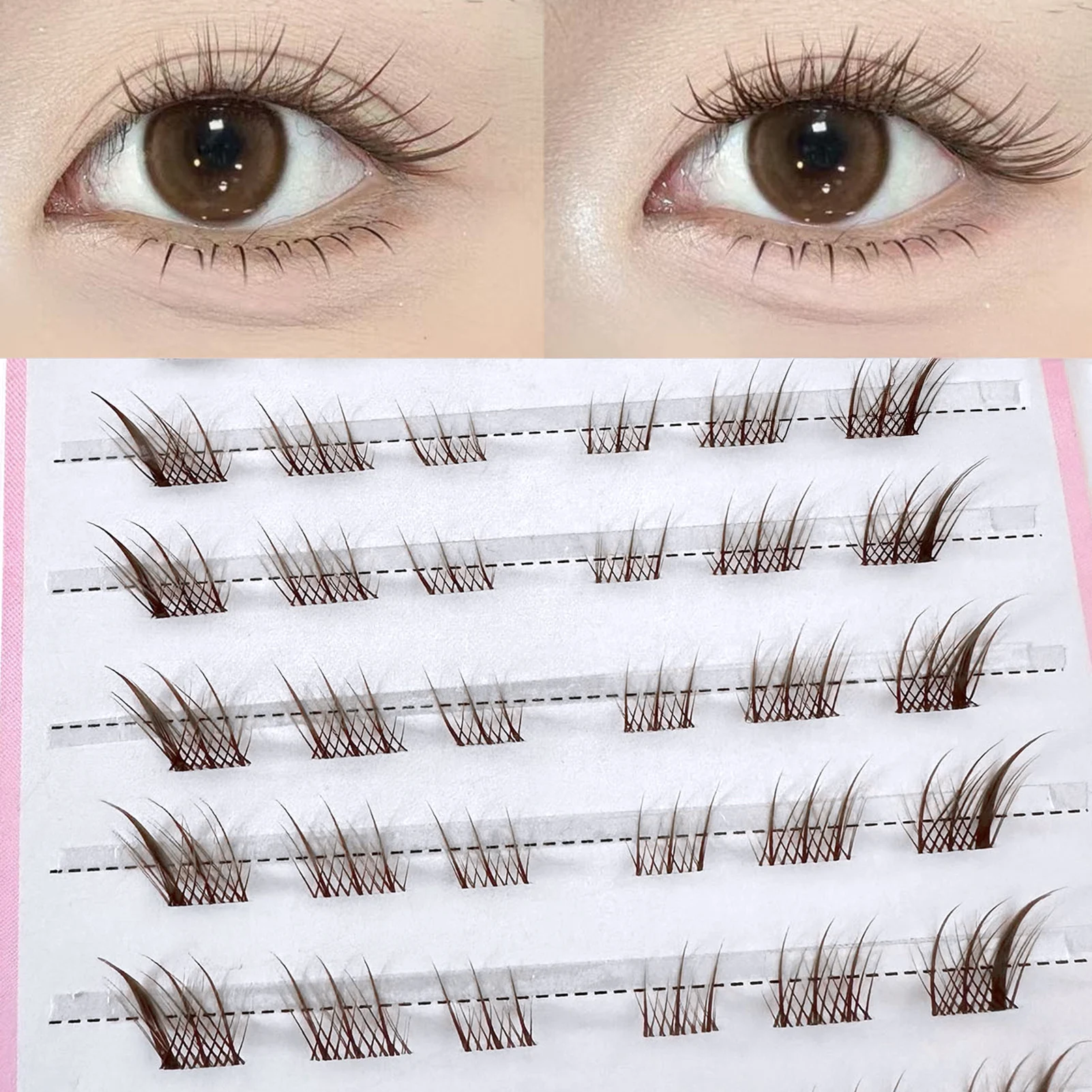 10 Rows Brown Single Cluster False Eyelashes Anime Fox-eye cat Segmented Natural Thick curled up Volume For Cosplay Party makeup