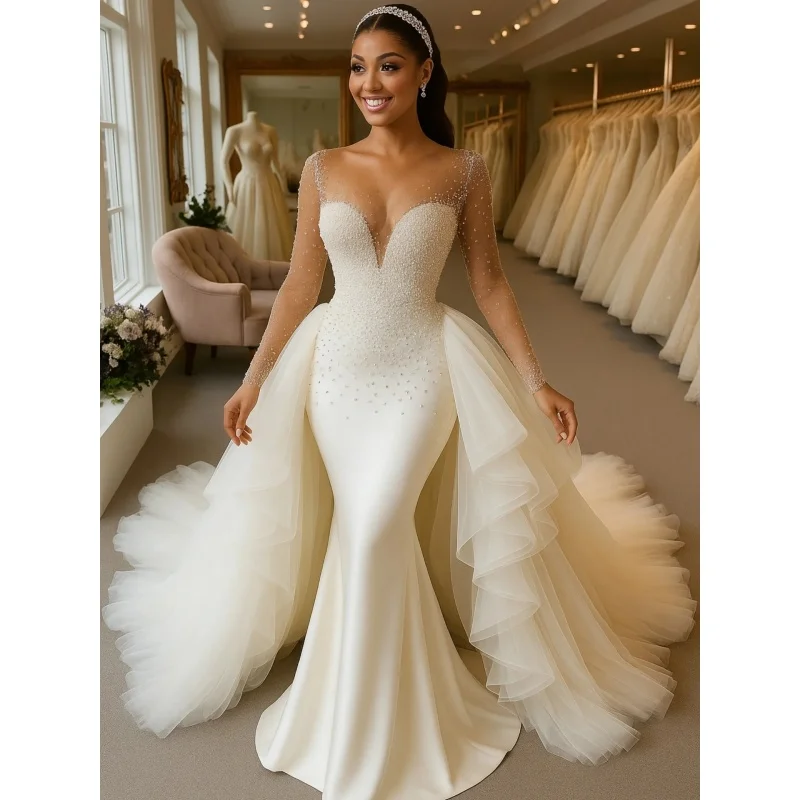 Customized 2026 New African style wedding mermaid dress with detachable trailing bead embroidery decoration Vestido de Novia