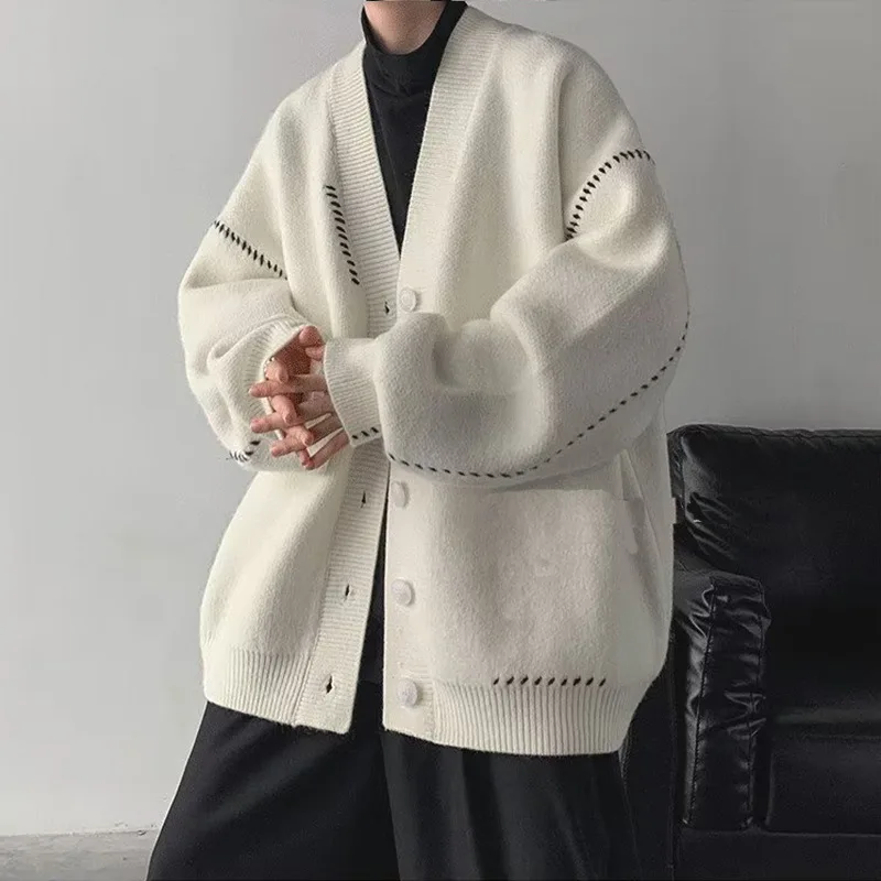 

Knitted Single Breasted Sweater Men Cardigan V Neck Sweaters Long Sleeve Loose Buttons Autumn Spliced Slight Strech Casual