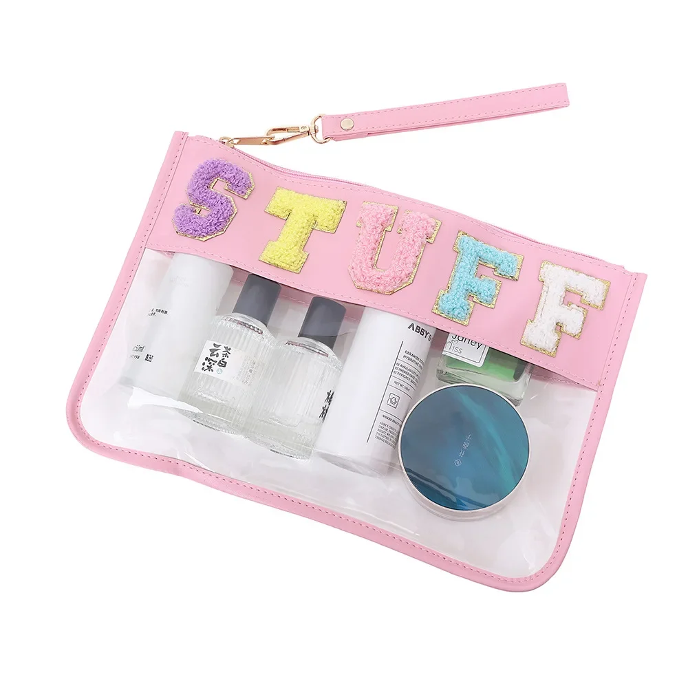 

PVC Clear Letter Wash Cosmetic Bag Travel Snack Bag Clear Letter Embroidered Bag for Travel Beach Portable Toilet Storage