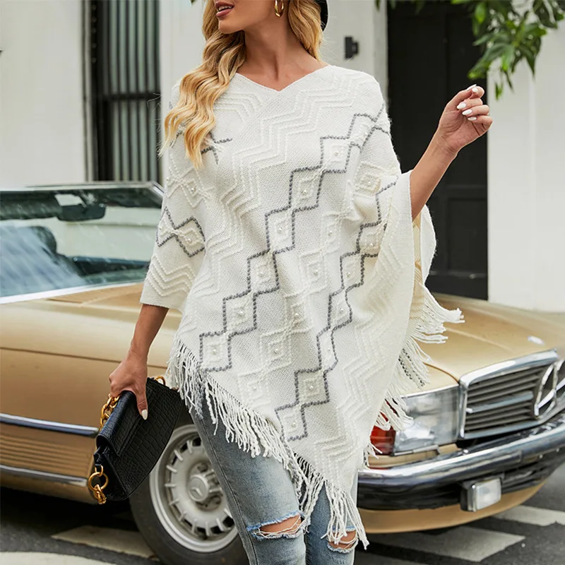 Pullovers Women Tassel Sweaters Knitted Tops Coats Cloak Shawl Jumpers Irregularity V Neck Elegant Splice Autumn Winter