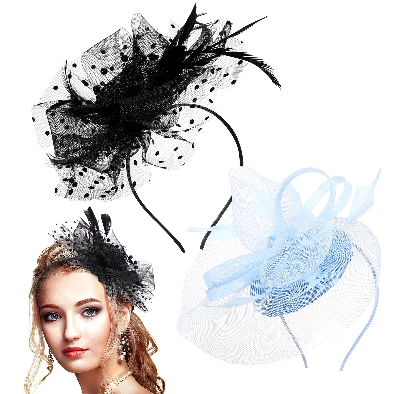 

2Pcs Hat Black Pearl Flower Clip Women Fascinator Hat Headband Blue Wedding Party Fascinator Women Tea Accessories
