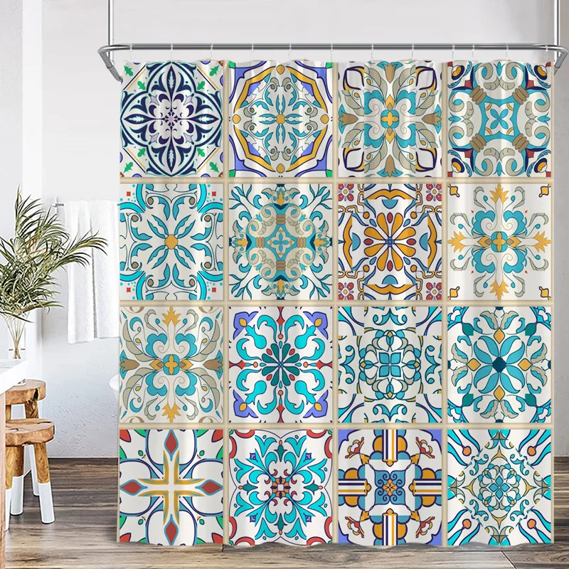 Blue Boho Floral Shower Curtains Mandala Indian Ethnic Style Pattern Bath Curtain Set Modern Polyester Bathroom Decor with Hooks