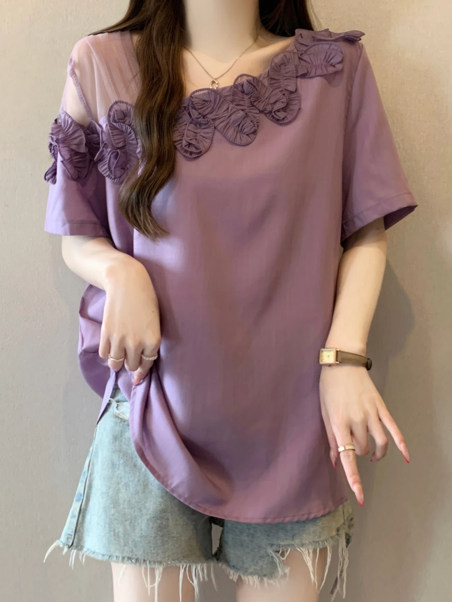 

Lace Splice Shoulder Bared T-Shirt Women Summer Base Shirt Short Sleeve Korean Style Commute Wind Loose Fit Floral Pattern