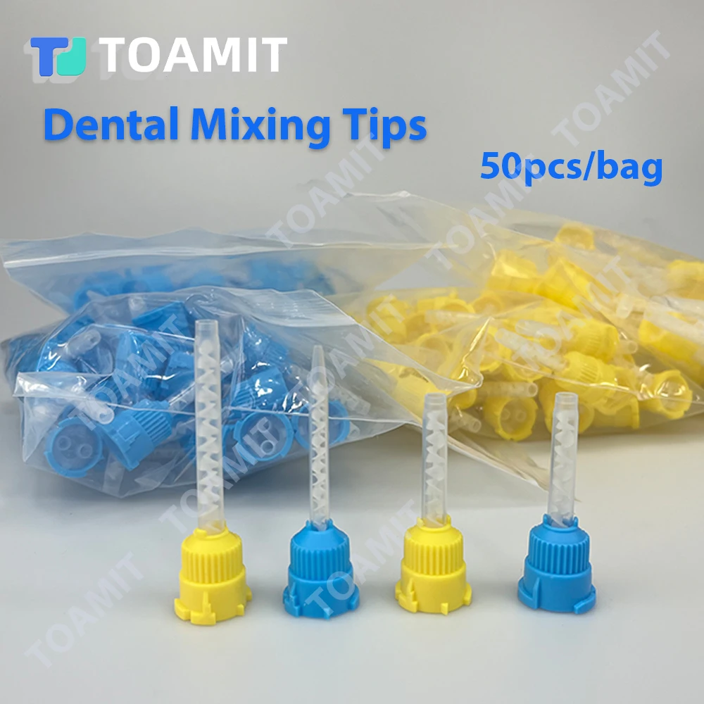

50pcs/bag Mixing Tips Dental Silicone Rubber Head Disposable 1:1 Dentistry Impression Nozzles Yellow Mixied Tubes Materials
