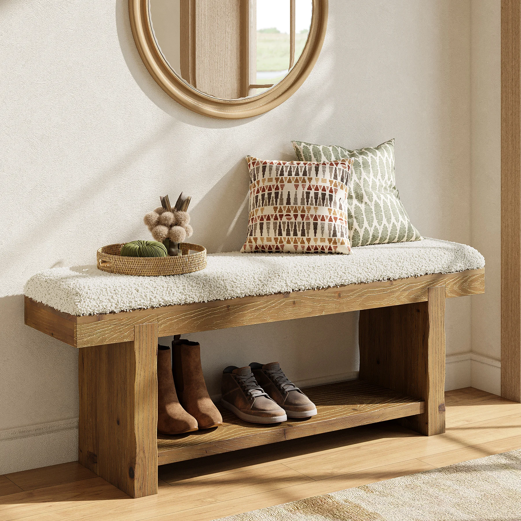 

xc-Tribesigns 47 Inch Upholstered Foot of Bed Bench with Two Storage Shelves for Master Bedroom Linen Organization&