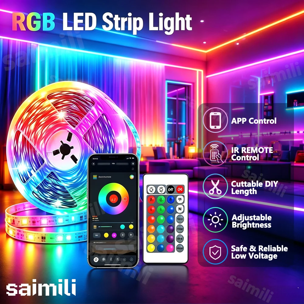 Fita LED RGB de 1-15M com Bluetooth Inteligente, Sincronização Musical via APP, Luzes de Diodo que Mudam de Cor para Decoração de Fundo de TV, Sala de Jogos e Festas de Fim de Ano
