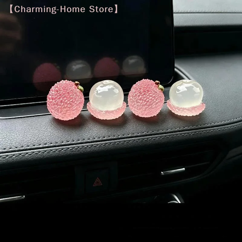【M】4Pcs Cute Fruits Decoration Car Ornament Screen Fake Lychee Orange Shaped Auto Center Console Ornaments For Girls Gifts
