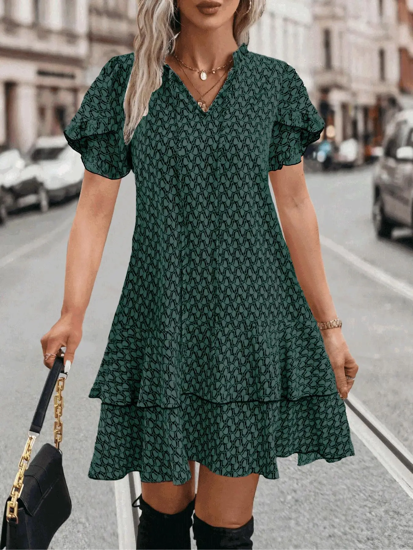 Plus Size Women's Fashion Ruffle Hem Short Sleeve Dress Ladies Casual Floral Print Dress All Over Print Tiered Layer Dress