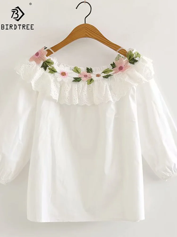 New Summer Cotton Half Sleeve Shirt Women Embroidery Floral Rose Tops Cute Girl Casual Sweet Loose Blouse 2024 Autumn T47255QM