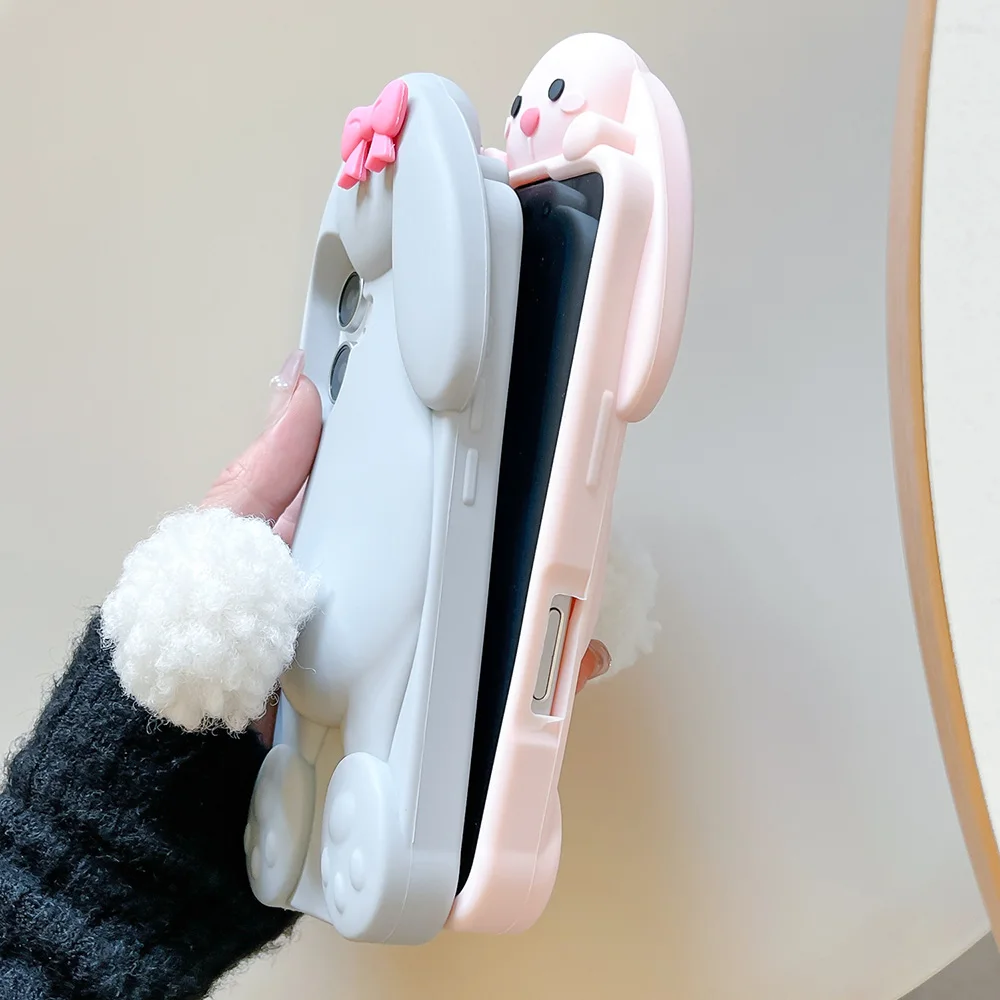 Kawaii 3D Cartoon Benny Rabbit Hülle für iPhone 16 15 14 13 12 Pro Max Weiche Silikonhülle mit Haarballenschwanzhalter – Detail 7