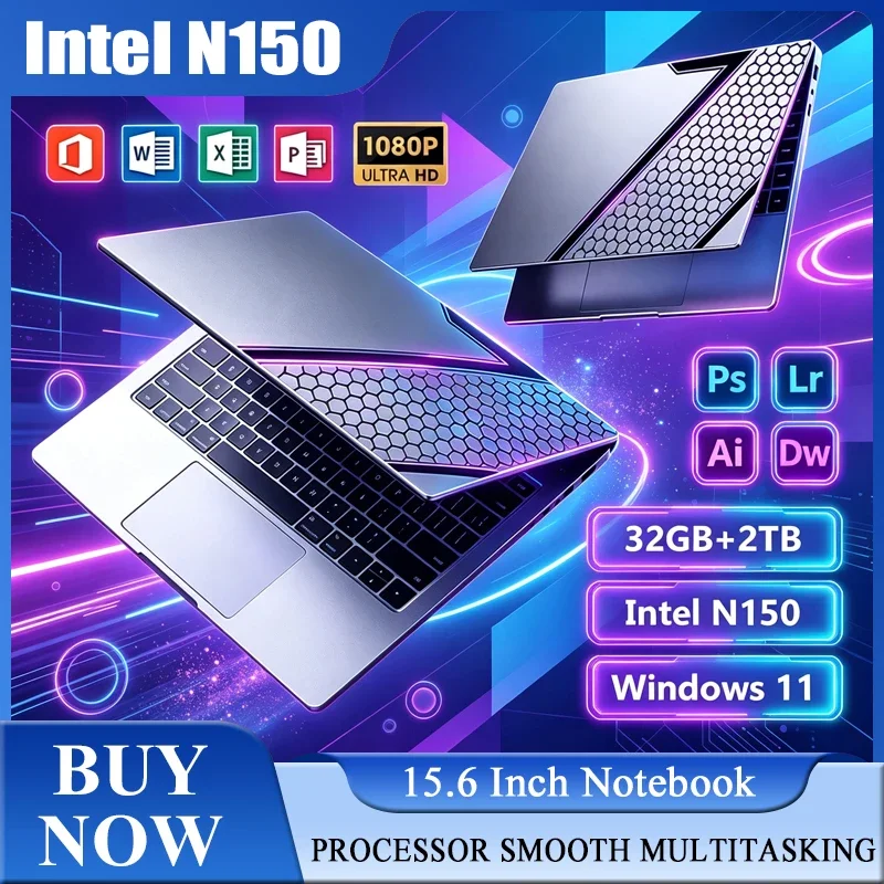 New 15.6'' Laptop Intel Core N150 32GB 2TB Gaming PC Ultra Slim Office Study Computer PC Windows 11 Pro 1920*1080 HD