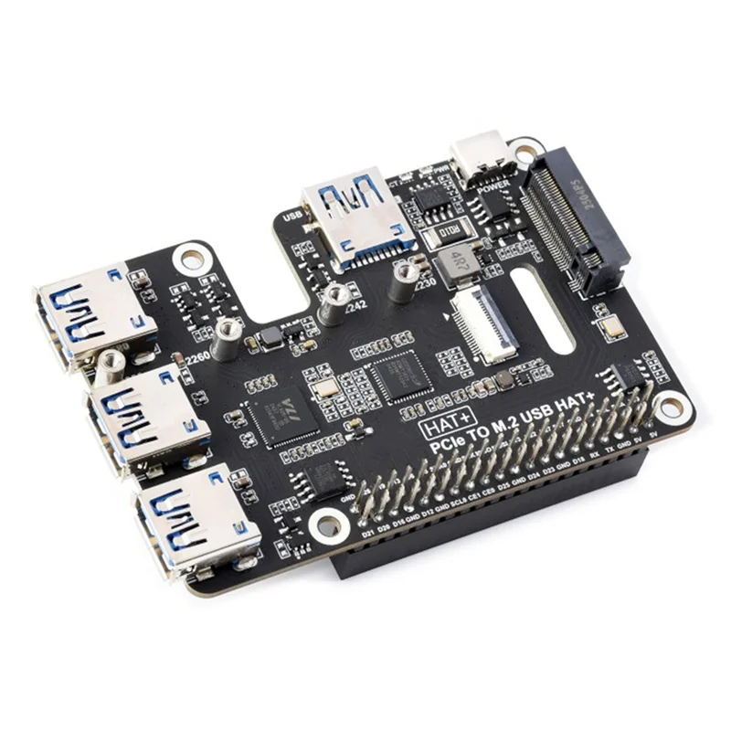 AA08-Pcie - USB 3.2 Gen1 및 M.2 HAT (라즈베리 파이 5용), NVMe 프로토콜 솔리드 스테이트 드라이브 지원, 4채널 USB 3.2 포트 확장
