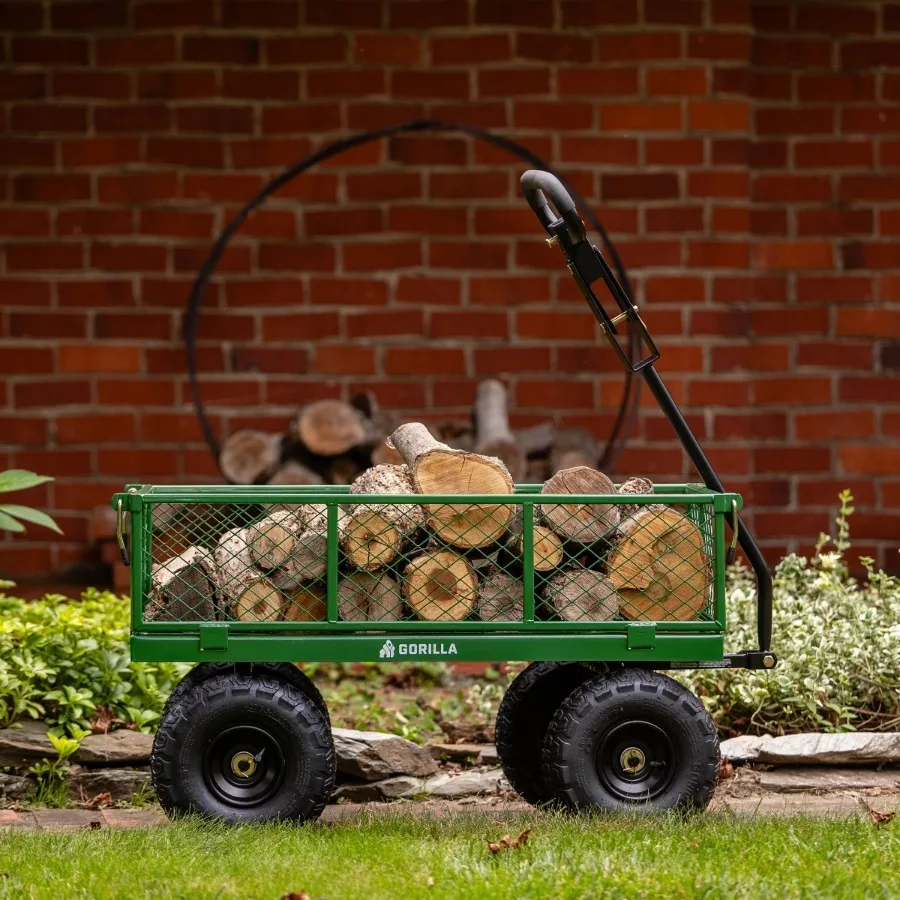Gorilla Carts 400 lb. Capacity Steel Utility Garden Landscape Cart, 32 inch x 18 inch Steel Mesh Bed, 2 in 1 Convertible Handle