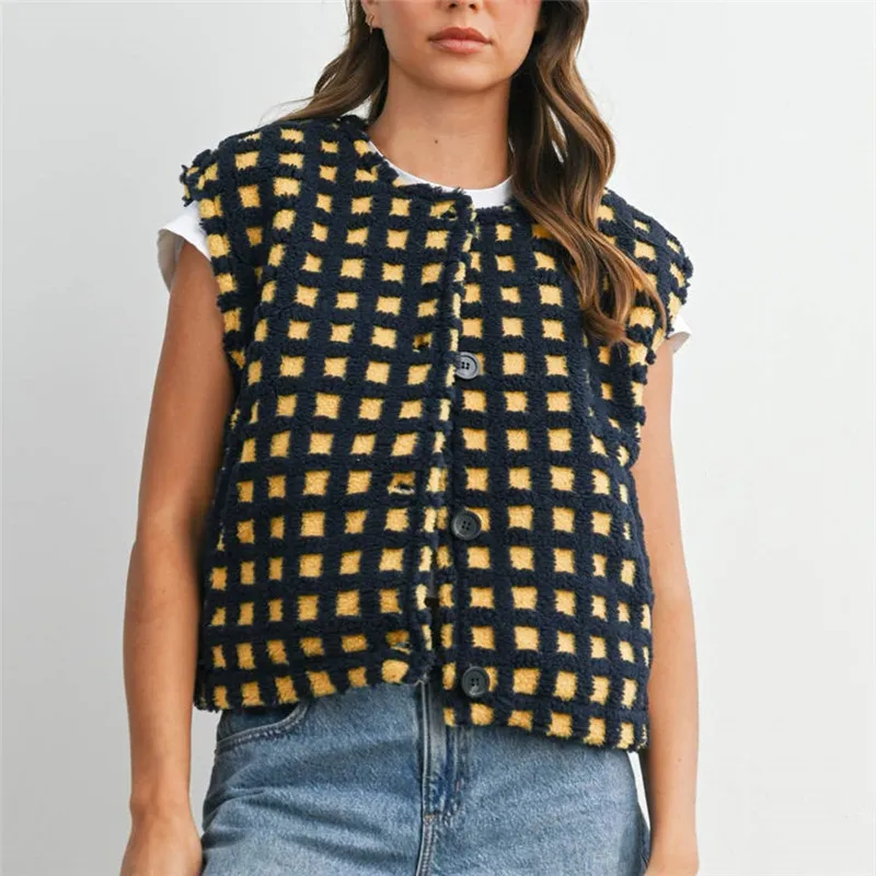 

Эстетический клетчатый кардиган без рукавов с открытым передом и молнией, женское пальто Y2k, винтажный теплый пуховик, верхняя одежда, жилет без рукавов